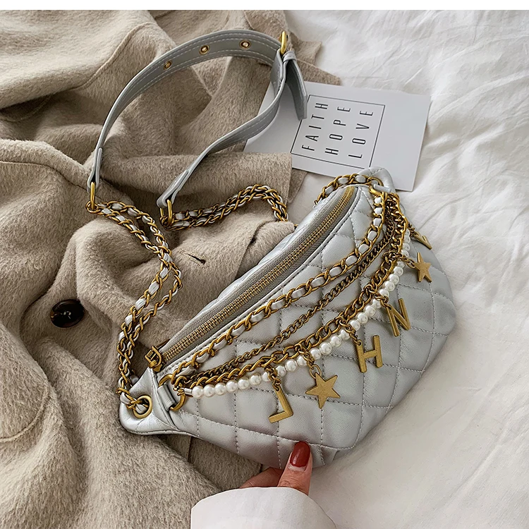 Small Bag Women New Fashion Korean Versatile Messenger Bag Pearl Chain Waist Bag Gold Letter Tassel Chest Bag Nightclub Bag