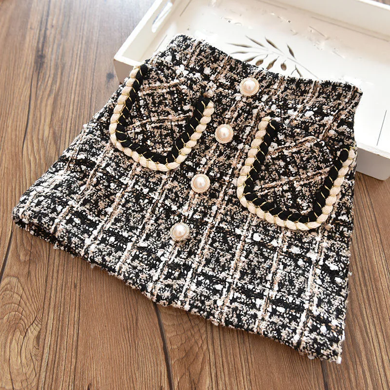 Children Skirts Girls Spring Autumn Winter Woolen Plaid Plus Velvet Padded Bust Princess