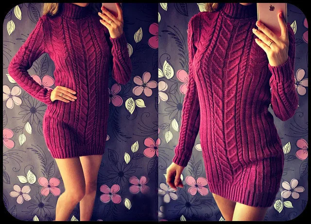 

Women Fall Slimming Turtleneck Long Sleeve Sweater Dress Winter Tunic Knitted Casual Gray S-XL Clothes Solid Short Dresses D30