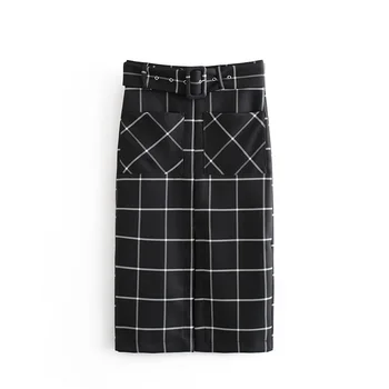 

VomVoa2019 New Women's Elegant Plaid Midi Skirt Slim Back Zip Pocket Split Women's Office Clothes Skirt