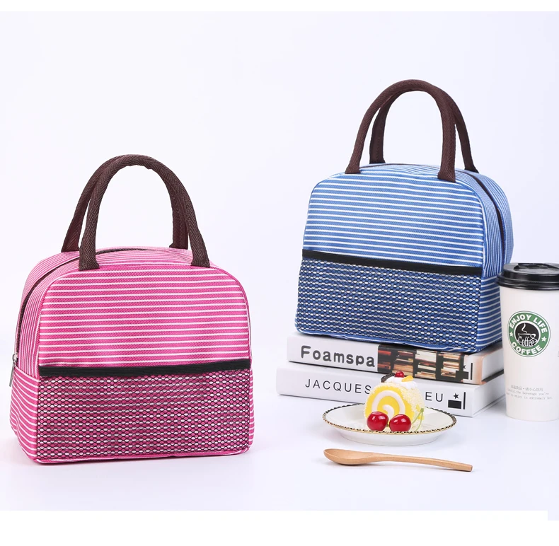 Insulated Bags for Warm Cold Lunch Box Picnic Bags Canvas Striped Lunch Totes Thermal Portable Warm Heating Bags Women Kids