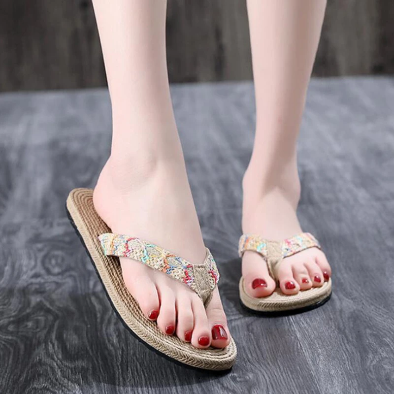 de imitación de paja mujer, a la moda Sandalias planas, para la playa y el verano, 2020|Chancletas| - AliExpress