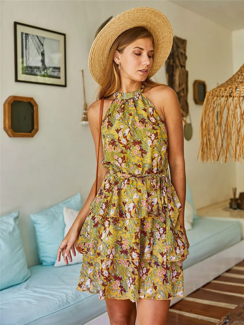 Dropship Summer Dress For Women Chiffon Sexy Mini Dress Print Ruffle Dresses Floral Party Sleeveless Casual Dresses Women Summer