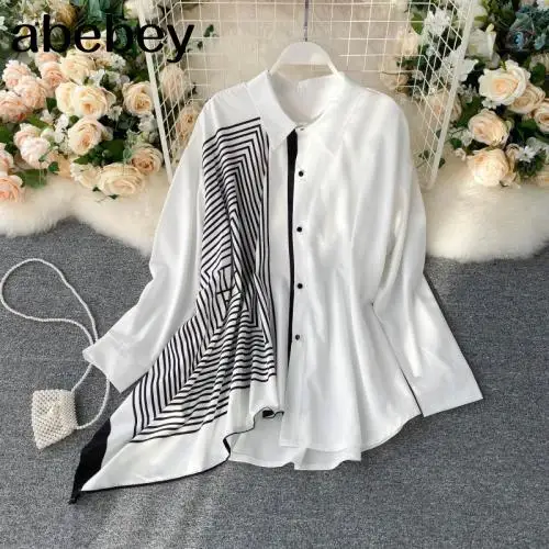 Irregular Patchwork Shirts Women Korean Fashion Single Breasted Long Sleeve Blouse Loose Casual Turn Down Collar Blusa | Женская одежда