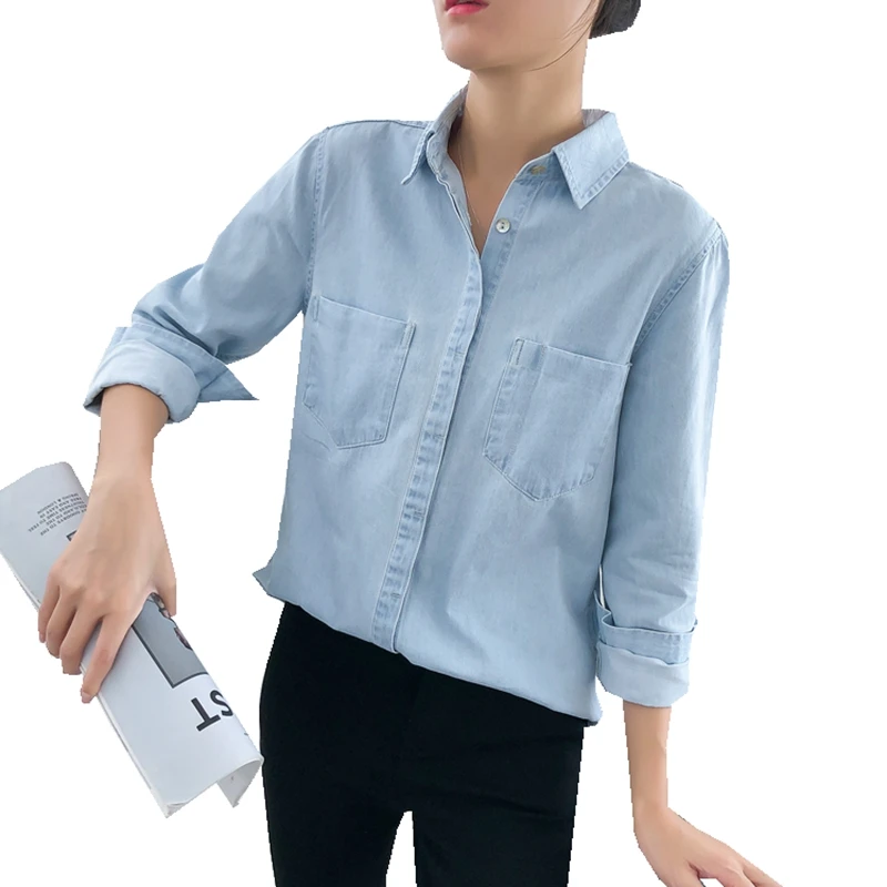 

New spring Autumn women Basic Style cotton pocket Turn-down Collar Long sleeves all-match blouse blue Denim shirt casual tops
