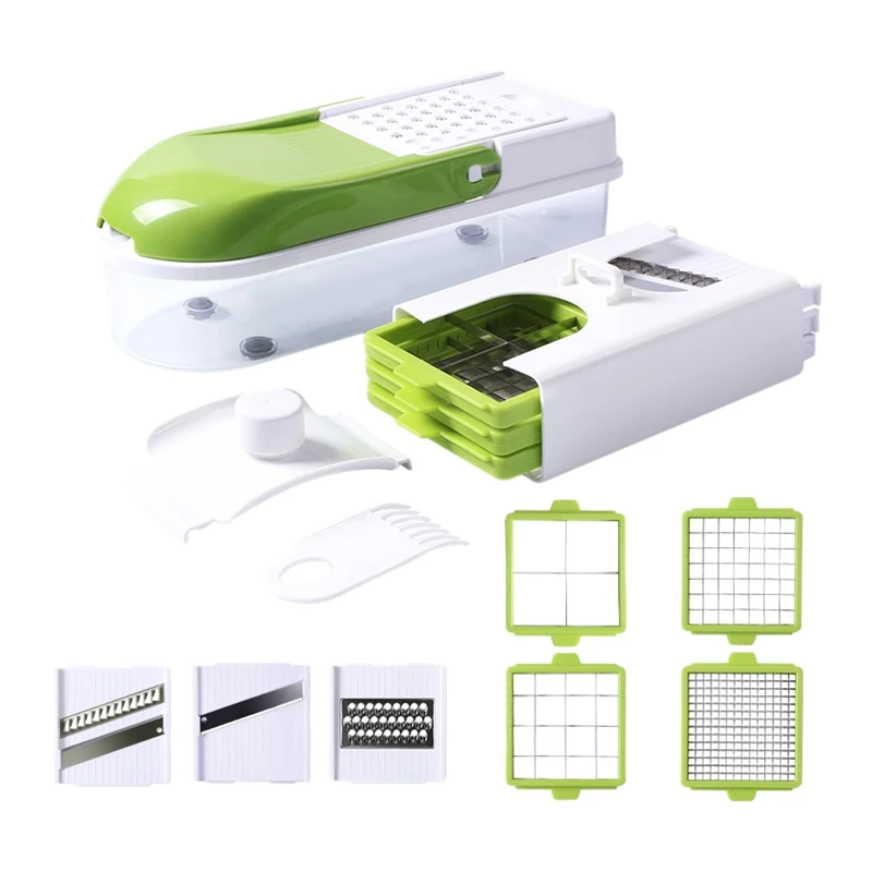 ABRA-Manual Stainless Steel Slicer Vegetable Kitchen Tool Multi-Function Replaceable Slice Vegetable Vegetable Cutter Green+ Wh