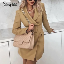 Женский винтажный двубортный блейзер Simplee,офисные женские пальто цвета хаки с отложным воротником, сплошное пальто, модные женские пальто с поясом