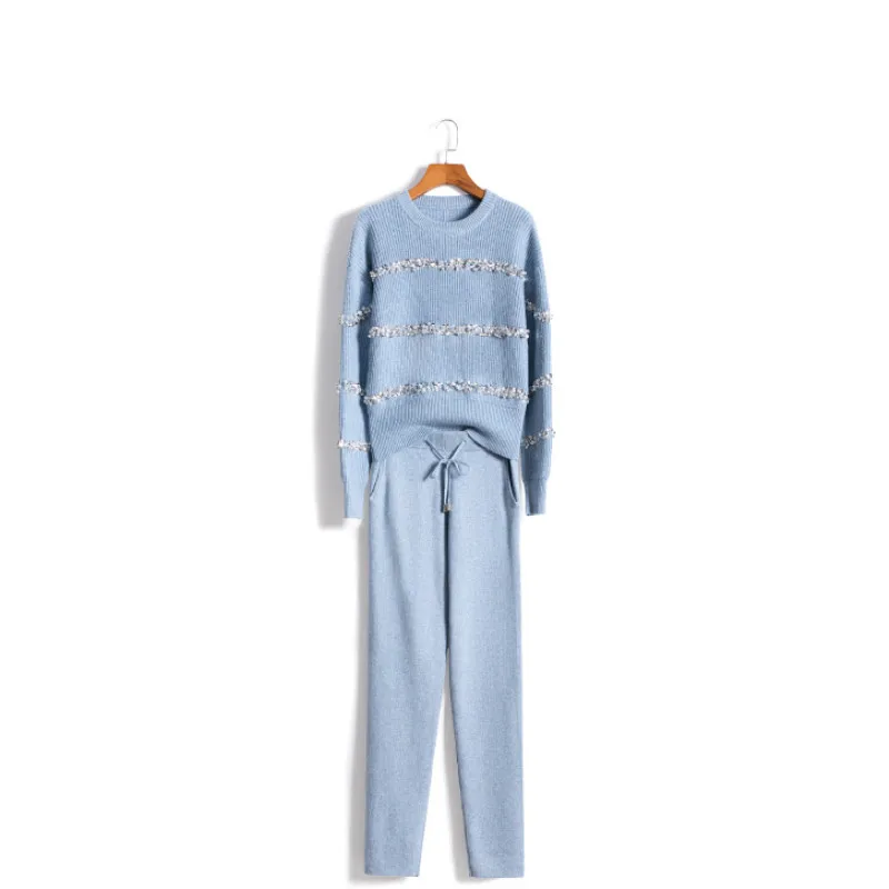 

Cashmere Special Offer O-neck Full Knit Suit Female 2019 New Fashion Ocean Sequins Beaded Sweater And Pants Set Two-piece Women