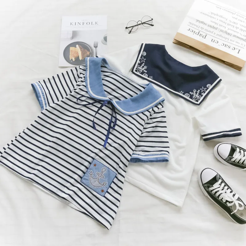 

2018 Summer Wear New Style Sweet Navy Style Lace-up Fold-down Collar Boat Anchor Embroidered Joint Stripes T-shirt Women's