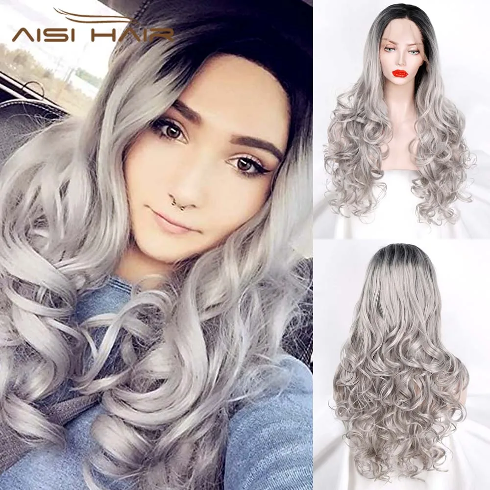 AISI HAIR 24 дюйма натуральный волнистый парик средней части Омбре черный серый