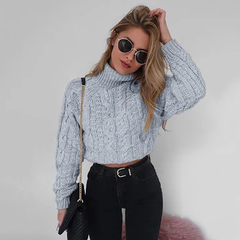 

Fashion Women Short Pullovers Casual Cropped Knit Sweaters Fashion Turtleneck Autumn Winter Warm Solid Color Sweater