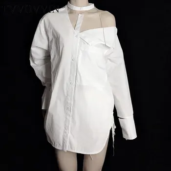 

Korea Original Women Blouse White Hollow Out Sense of Design Halter Collar Asymmetry 2020 Spring Summer Fashion Sexy Top DMY4858