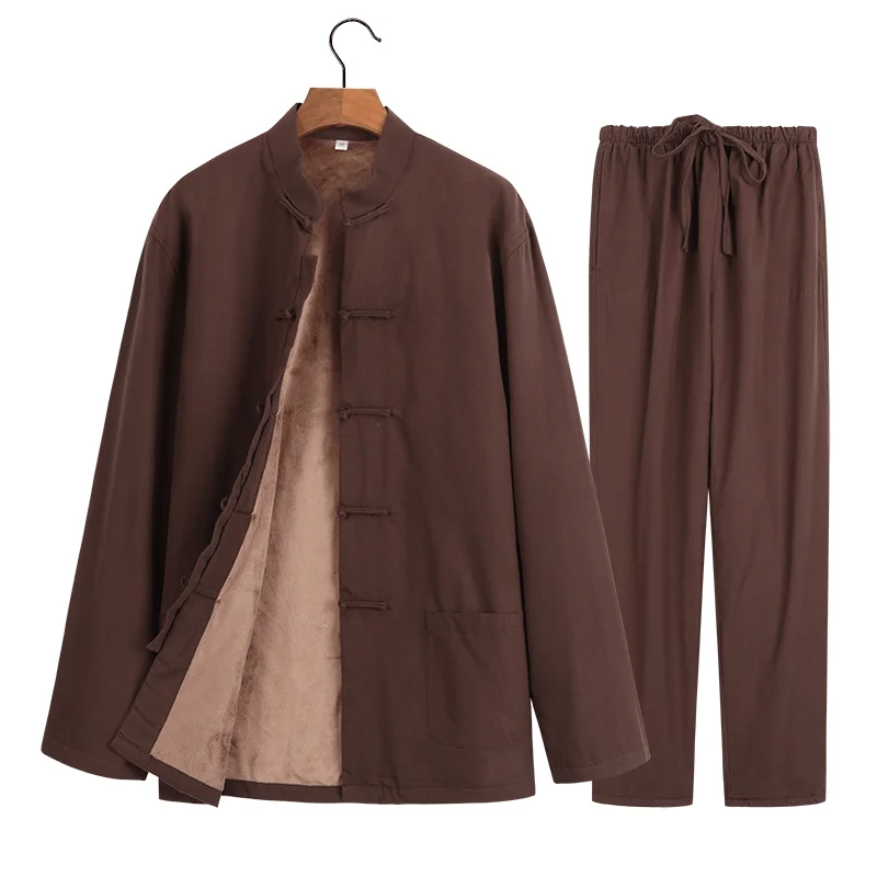 Коричневый Chinese tunic suit New Year man Tang costume Han clothing men's linen warm cotton coats plus velvet thick casual two-piece suit - Цвет: Коричневый