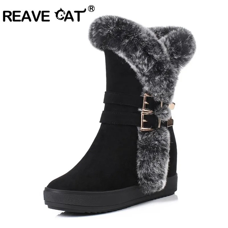 

REAVE CAT winter wedge Shoes Hidden heels Women snow boots high heel keep warm fur zipper Shoes platform Black white botte femme