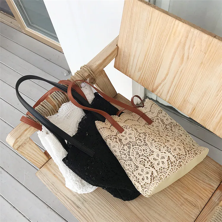 2021 New Summer Chic Girl Lace Shoulder Bag With Liner Package Women Handbag Female Tote Bags Big Capacity Foldable Beach Bag
