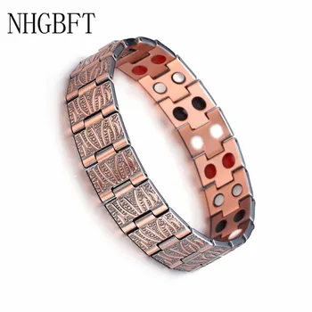 

NHGBFT Bark texture Magnetic Therapy Link Bracelet For Mens Double row Pure Red Copper Bracelet Bangle Male Jewelry