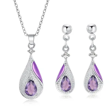 

CSHOU70 Purple Drops Crystal Jewelry Necklace Earrings Jewelry Set Bohemian Retro Set