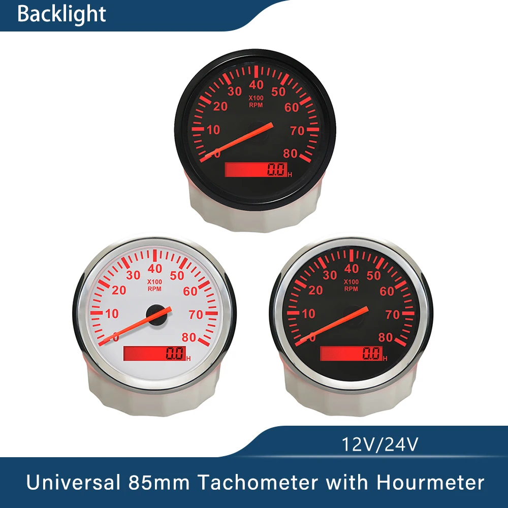 Waterproof Tachometer 3-8K RPM Tacho Gauge REV Counter with Hour Meter 85mm Gasoline Diesel Engine 12V 24V Red Backlight tachometer gauge,engine tachometer,tachometer meter