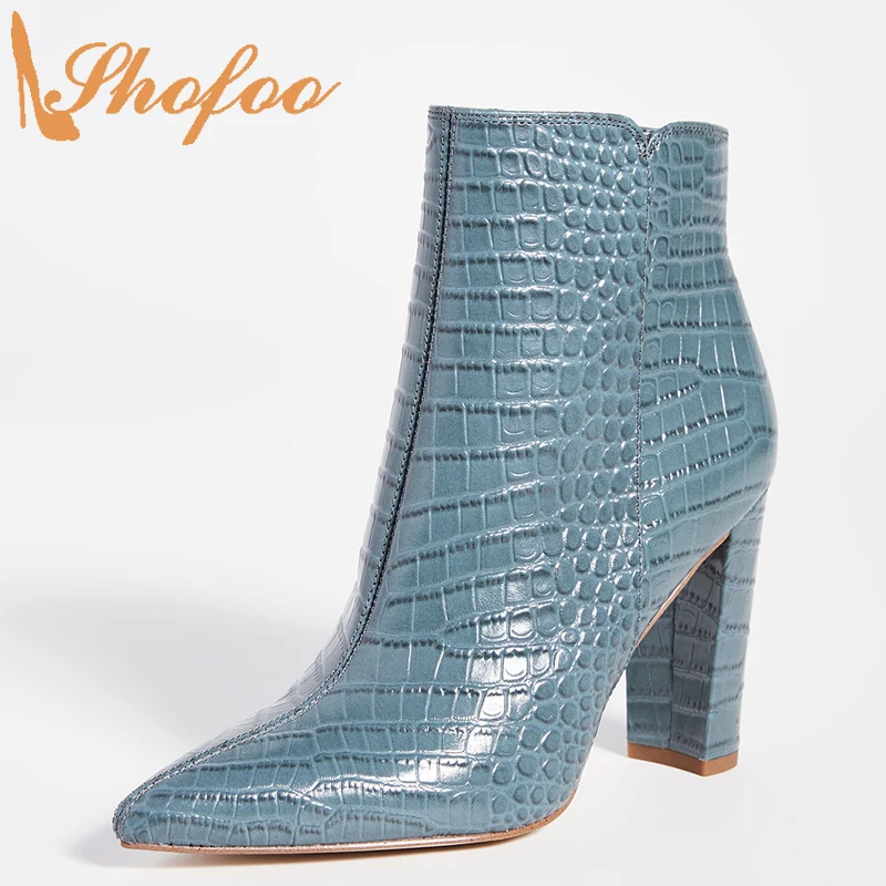

Blue Plaid Embossed Pointed Toe Woman Ankle Boots High Chunky Heels Booties Zipper Ladies Fashion Shoes Large Size 10 15 Shofoo