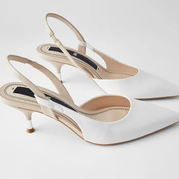 

2020 Summer New Female Shoe white Europe and America Pointed Shallow Kitten heel Slingback Shoes
