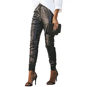 

Women Long Pencil Pants Fashion Sequin Elastic PU Leather Patchwork High Waist Drawstring Sexy Party Club Trousers Lady Outfits