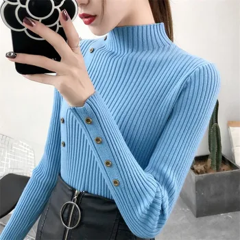 

Autumn Knitted Sweater Solid Knitted Female Cotton Soft Elastic Color Pullovers Button Full Sleeve Turtleneck Women