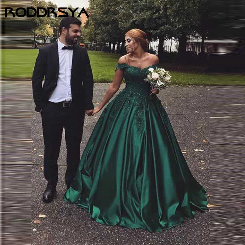 Long Deep Green Off The Shoulder Ball Gown Prom Dress 2021 Sweetheart Neck Lace Appliques Crystal Robe de Soiree Satin Gown princess prom dresses