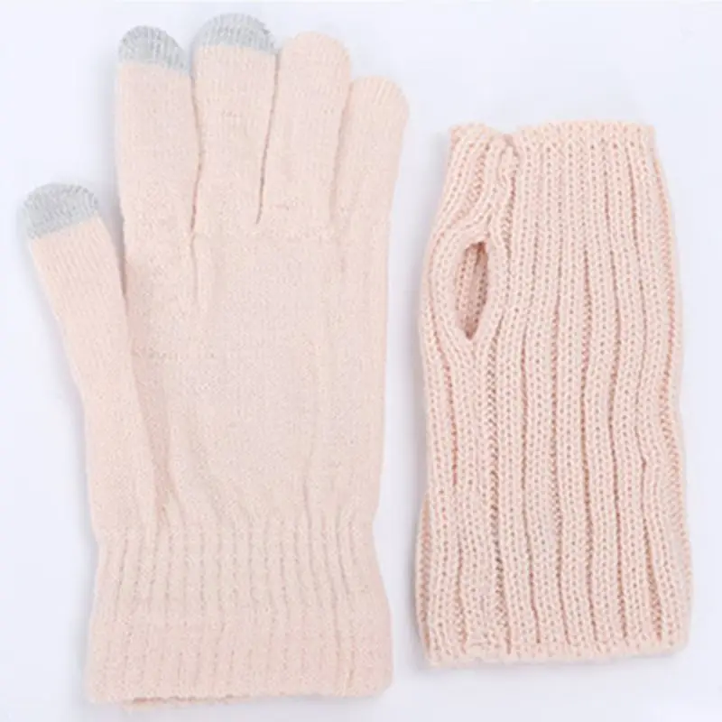 Женские 2в1 зимние теплые вязаные перчатки без пальцев с помпоном DXAA