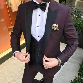 

Latest Peak Designs Burgundy Suits Mens Wedding Groom Tuxedos Slim Fit Man Blazer Terno Masculino 3Piece (Jacket+Pants+Vest)