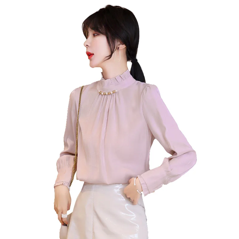 New Autumn Women Shirts Full Sleeve Slim Chiffon Copper Ammonia Silk Sets Coverlly Blouse Shirt White Pink 1320