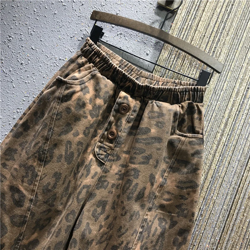 Beste Herfst Nieuwe Mode Vrouwen Elastische Taille Losse Luipaard Print Vintage Jeans All matched Casual Katoen Denim Harembroek S462