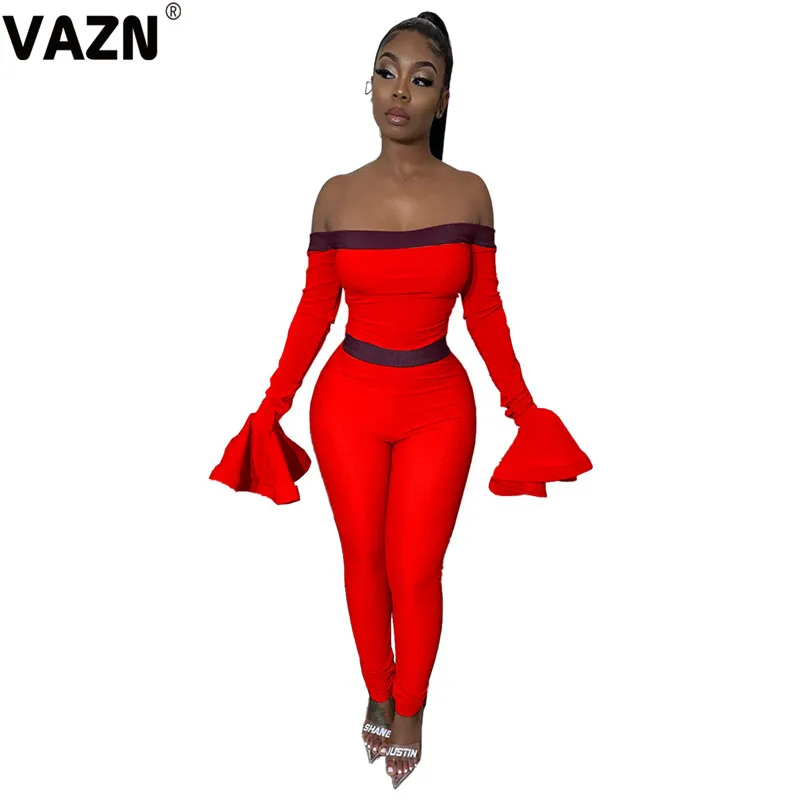 Red VAZN SM9054 сплошной Tide High-end сексуальный мягкий для зрелых Мода Slash шеи полный рукав Высокая талия женские длинные брючные комбинезоны - Цвет: Red
