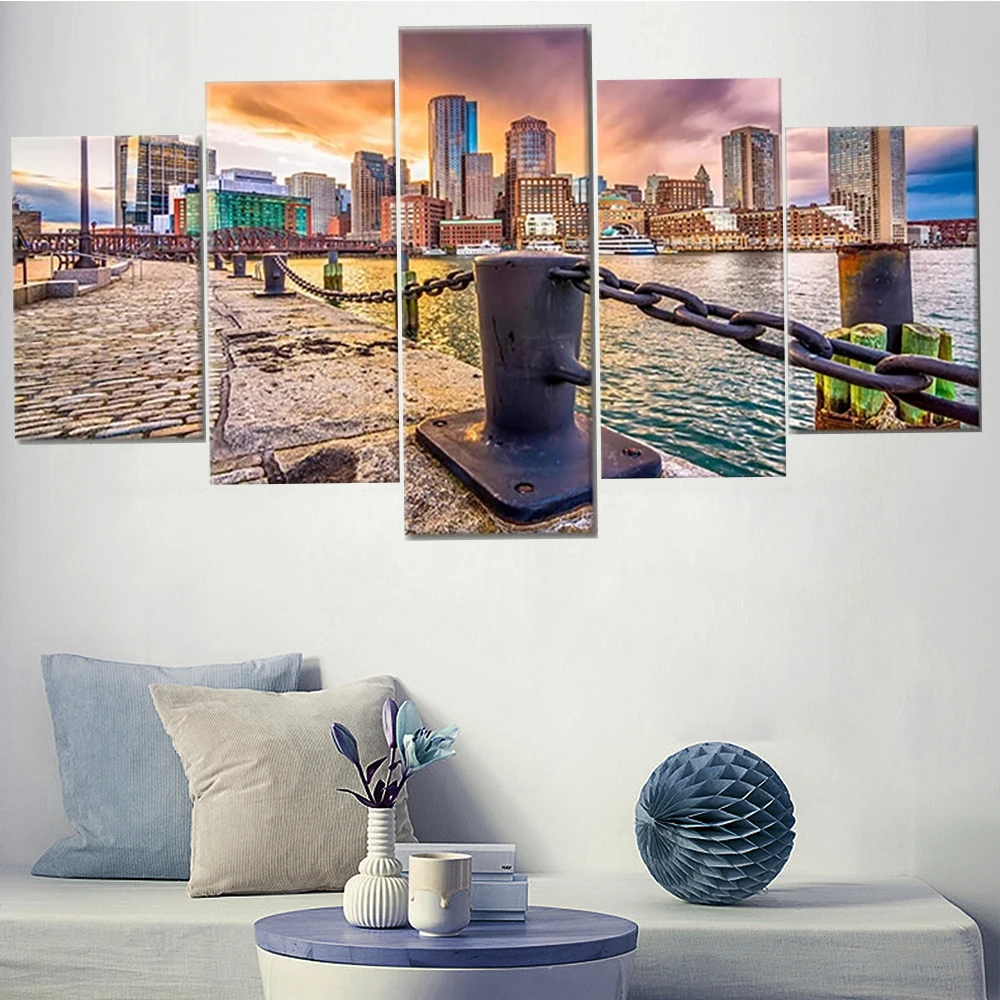 

5 Pieces Wall Art Canvas Painting City Landscape Poster Lakeside Sunset Home Decoration Modular Pictures Modern Living Room