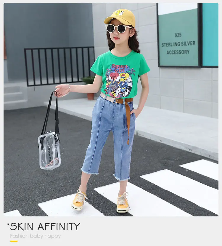 Korean Clothes Kids Denim Jeans Girls Cartoon T-Shirt Summer Fashion Wear Girls Denim Pants Jeans Clothing Casual Set For Kids