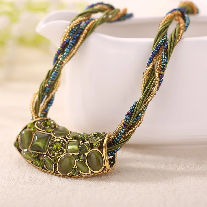 ELIfashion ретро ожерелье в богемном стиле многослойная цепочка с бусинами Кристалл Зерно отрасли красочные смолы в форме полосы кулон ожерелье - Окраска металла: green