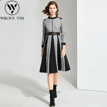 

Autumn Winter Dress women O-Neck long sleeve High waist A-Line Dresses Female Fashion Belt slim dress Elegant Ladies Party Dress