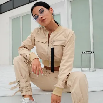 

Women Suit Crop Tops Two Piece Female Spring Autumn Casual Buckle Streetwear Jacket Set Lady Work Suits