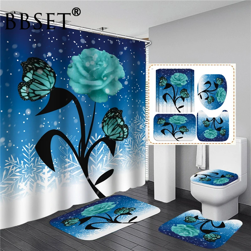 

Charming Roses of Various Colors Shower Curtain 4 Piece Toilet Lid Cover Anti-slip Soft Rugs Bath Mat Bathroom Set Home Decor