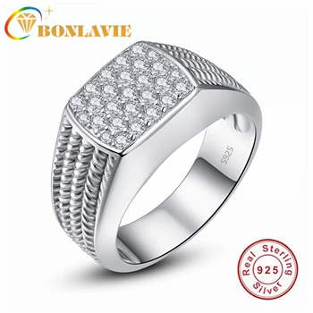 

BONLAVIE Rectangular Inlaid Zircon Rope 925 Silver Male Ring for Men Wedding and Engagement