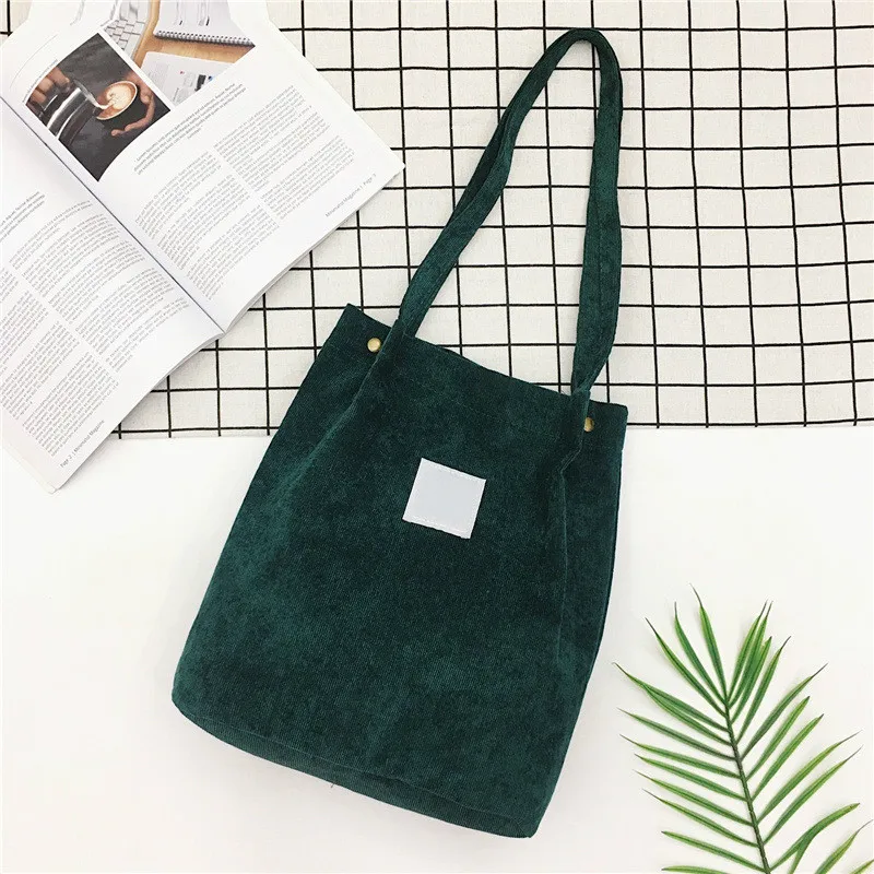 Вместительная женская Вельветовая Сумка-тоут, Женская Повседневная однотонная сумка через плечо, складная многоразовая Женская пляжная сумка для покупок - Цвет: Green