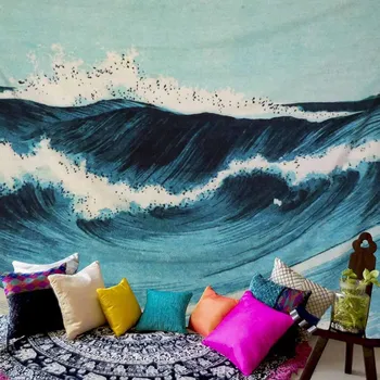 

Home Printed Blue Wave Tapestry Wall Hanging Blue Sea Tapestries Door Curtain Table Cloth Sofa Cover Backdrop Art Cloth