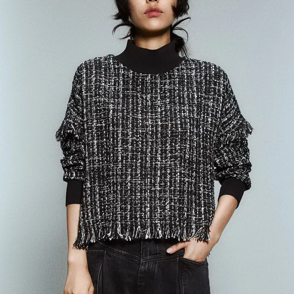 

2019 ZA WOMEN'S FASHION TWEED TASSELS TOP High neck top with long sleeves KNITTING FEMALE'S PULLOVES FOR GRILS XS S M L