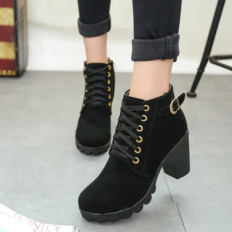 New Winter Women Platform High Heels Ankle Boots Women Boots Buckle Shoes Thick Heel Short Martin snow Boots Ladies mujer T090