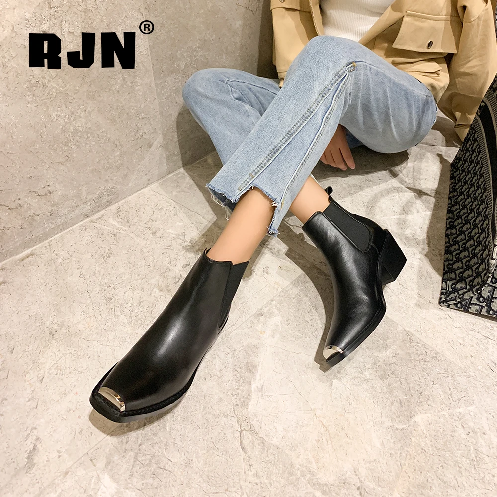 

RJN Stylish Chelsea Boots High Quality Genuine Leather Toe Matel Decoration Med Heel Black Slip-On Shoes Women Ankle Boots RO13