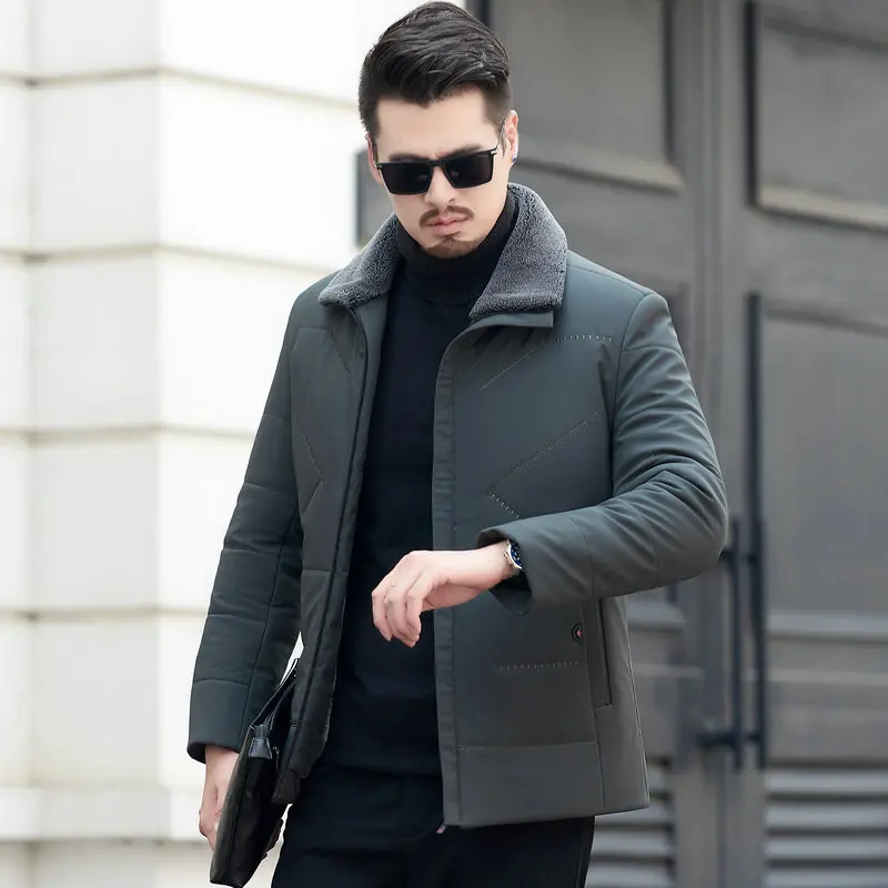 Winter Men Elegant Puffer Parkas Smart Casual Puff Basic Coats Black Gray Thicken Fleece Fur Collar Lightweight Quilted Jackets - Цвет: Серый