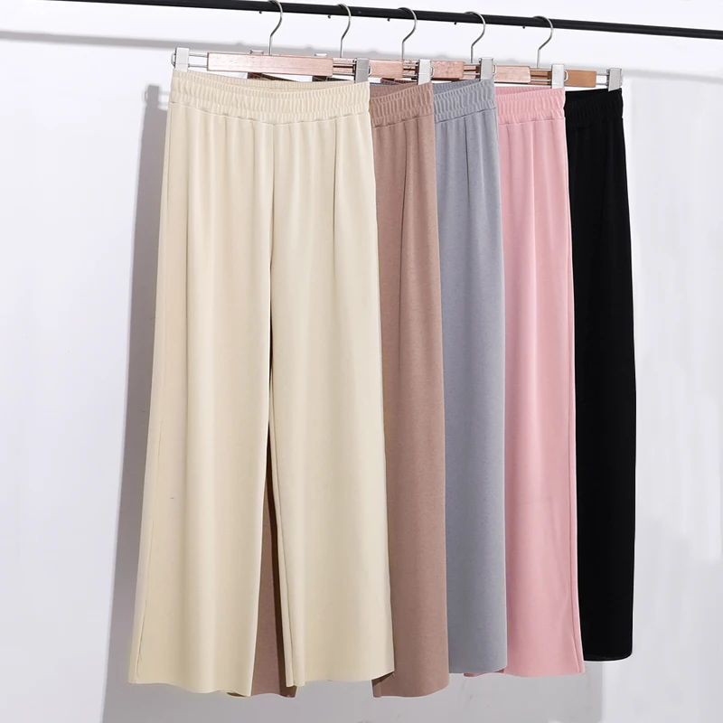 

Faux Lce Silk Casual Women Pants Spring Autumn Ladies Straight Drape Loose Wide-Leg Pants High-Waist Trousers Female All-Match
