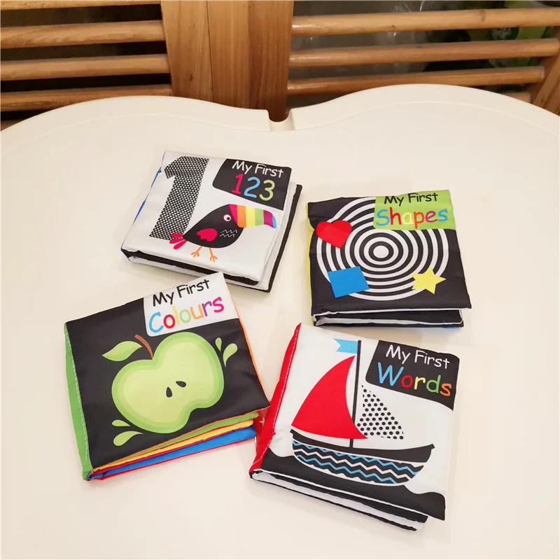 

Four-piece Package Newborns Black And White ENLIGHTEN Visual Training-Washing English xiang zhi Early Education Cloth Book 3-12