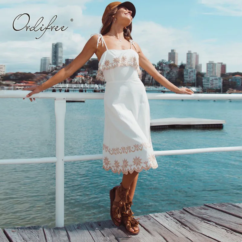Ordifree/лето ; Boho; винтажное женское платье с вышивкой; на бретельках; Сексуальная Туника; пляжное платье; праздничная одежда