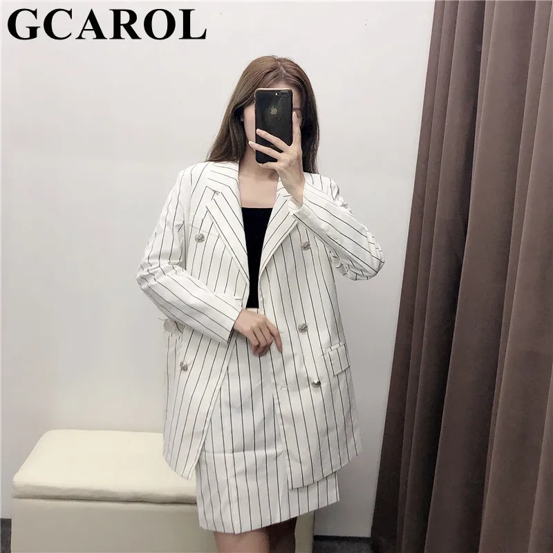 GCAROL/новые женские комплекты из 2 предметов в полоску Блейзер и юбка двубортная юбка выше колена трендовая осенне-Весенняя женская юбка
