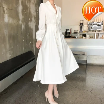 

Spring New 2020 Elegant Vintage Women Long Dress White Long Sleeve A-line Solid Dress Female Casual High Waist Party Vestidos